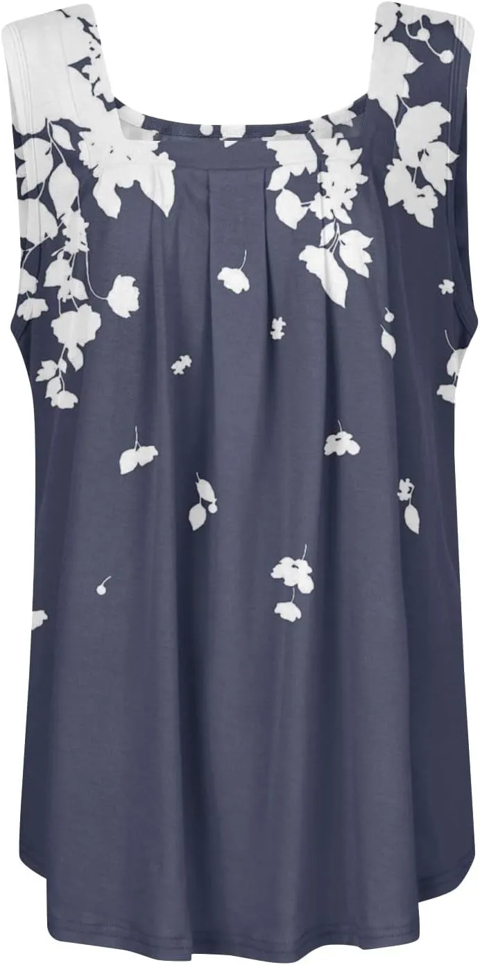 Womens Tops 2025 Square Neck Sleeveless Casual Tunic Tees Trendy Floral Print Loose Soft Comfy Summer Shirts