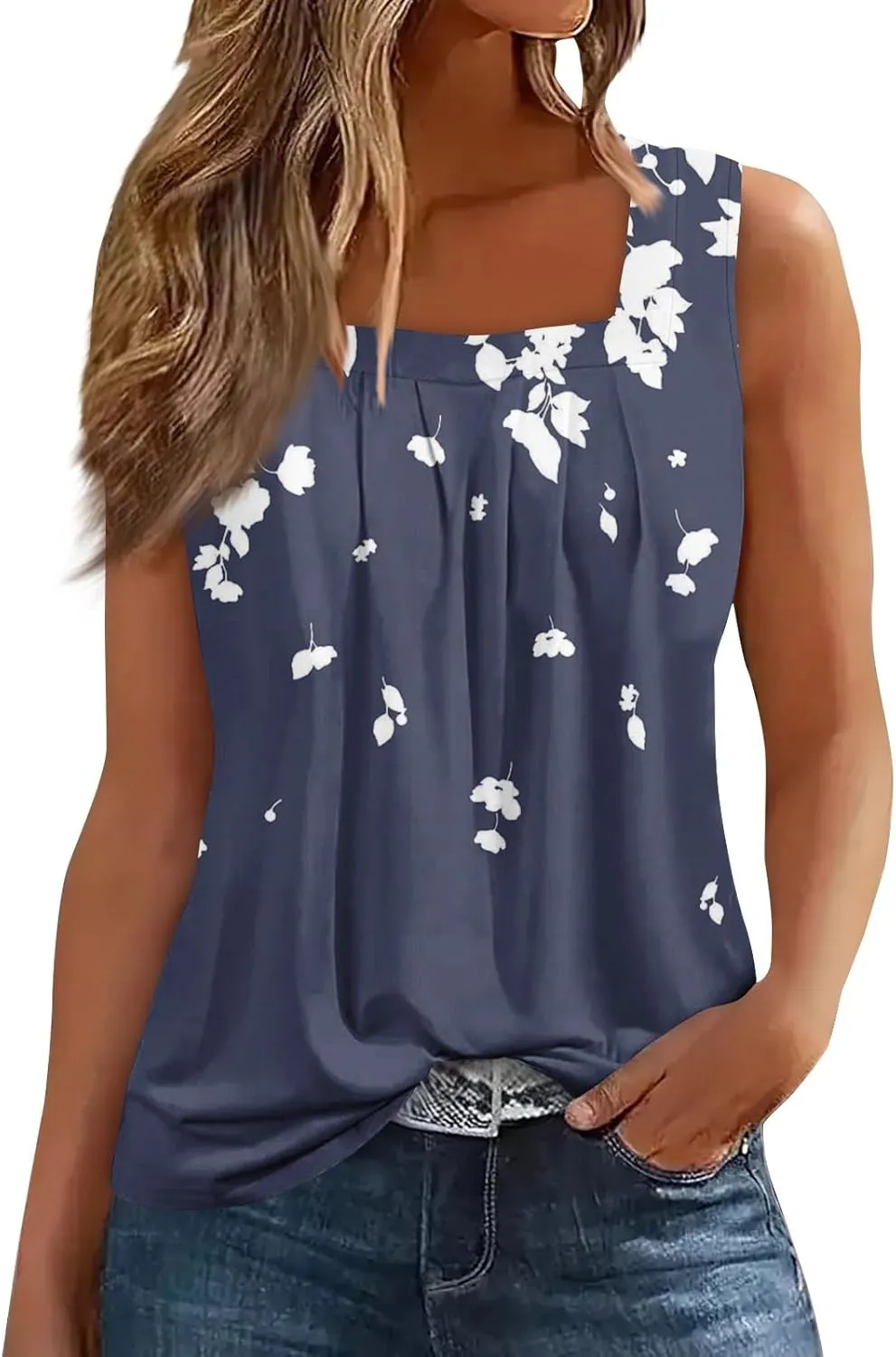 Womens Tops 2025 Square Neck Sleeveless Casual Tunic Tees Trendy Floral Print Loose Soft Comfy Summer Shirts