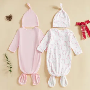 woshilaocai 2 Pack Baby Boy Girl Gown Sleeper Newborn Knotted Nightgown and Hat Set Infant Sleepwear