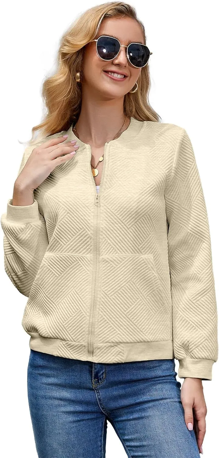 WROLEM Women Zip Up Sweatshirts with Pockets Long Sleeve Jackets Casual Loose Stand Collar Lightweight Short Outwear