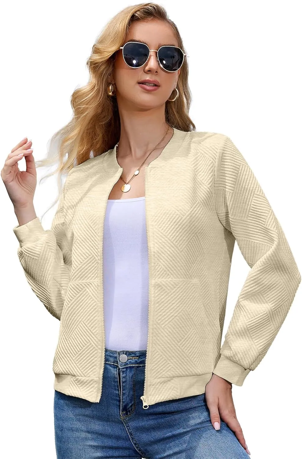 WROLEM Women Zip Up Sweatshirts with Pockets Long Sleeve Jackets Casual Loose Stand Collar Lightweight Short Outwear