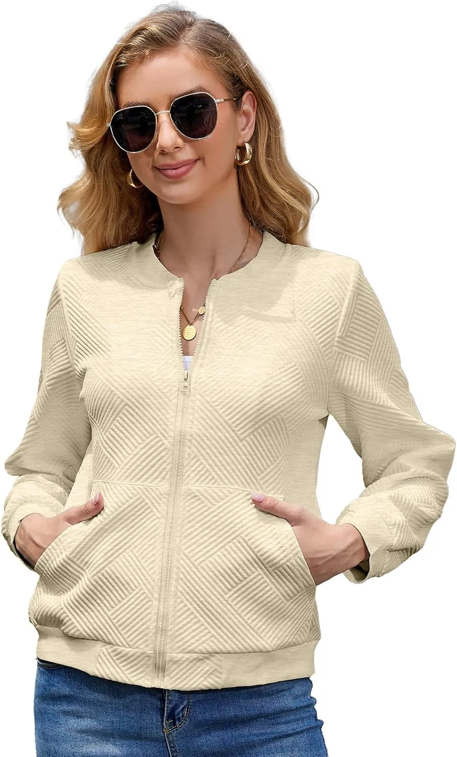 WROLEM Women Zip Up Sweatshirts with Pockets Long Sleeve Jackets Casual Loose Stand Collar Lightweight Short Outwear