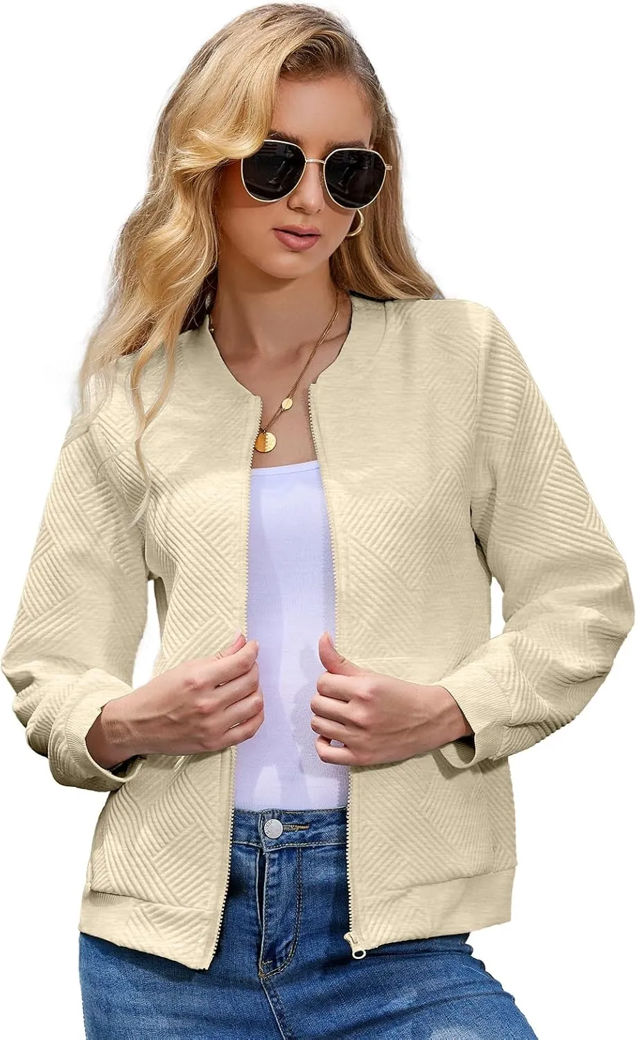 WROLEM Women Zip Up Sweatshirts with Pockets Long Sleeve Jackets Casual Loose Stand Collar Lightweight Short Outwear