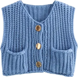 Wyeysyt Sweater Vest Women Sleeveless Crop Knit Cardigan Casual Button Down Cropped Knitted Sweater Vest with Pockets