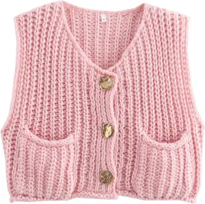 Wyeysyt Sweater Vest Women Sleeveless Crop Knit Cardigan Casual Button Down Cropped Knitted Sweater Vest with Pockets