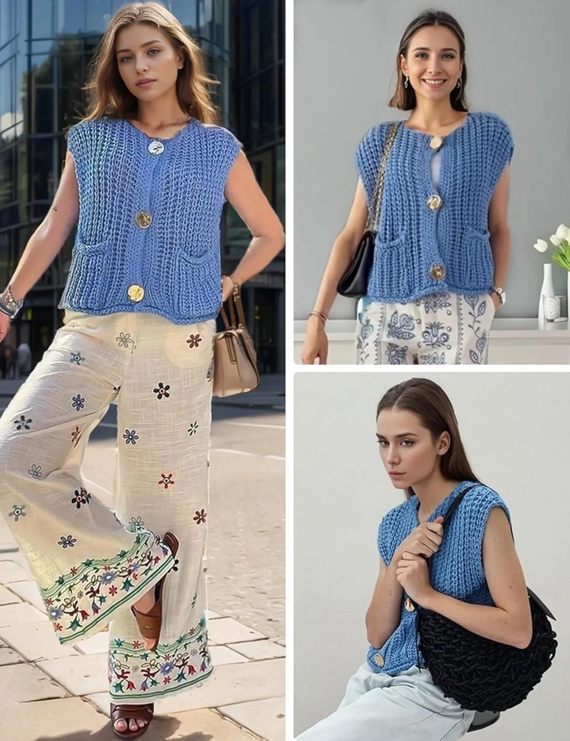 Wyeysyt Sweater Vest Women Sleeveless Crop Knit Cardigan Casual Button Down Cropped Knitted Sweater Vest with Pockets