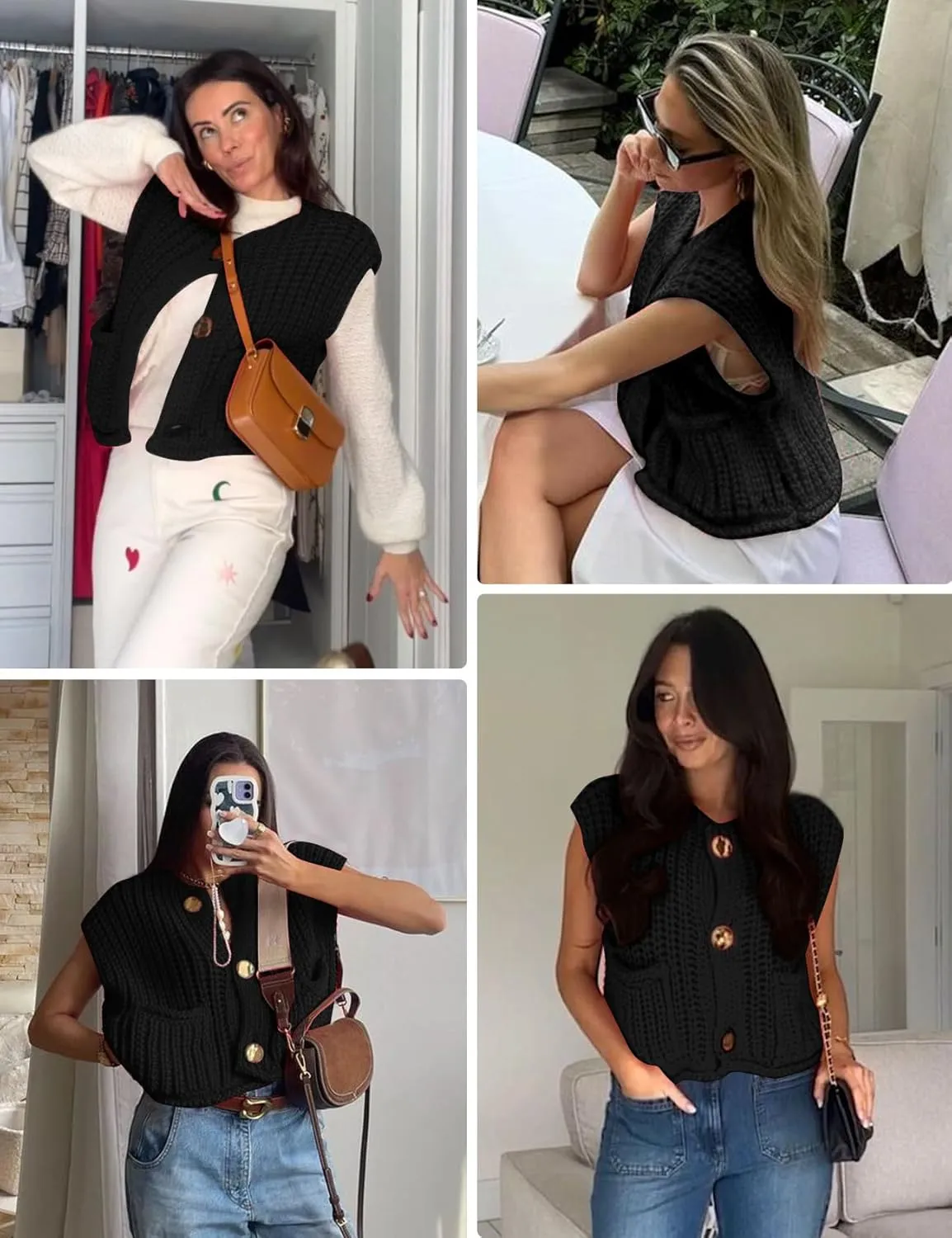 Wyeysyt Sweater Vest Women Sleeveless Crop Knit Cardigan Casual Button Down Cropped Knitted Sweater Vest with Pockets