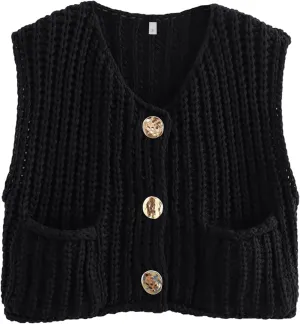 Wyeysyt Sweater Vest Women Sleeveless Crop Knit Cardigan Casual Button Down Cropped Knitted Sweater Vest with Pockets