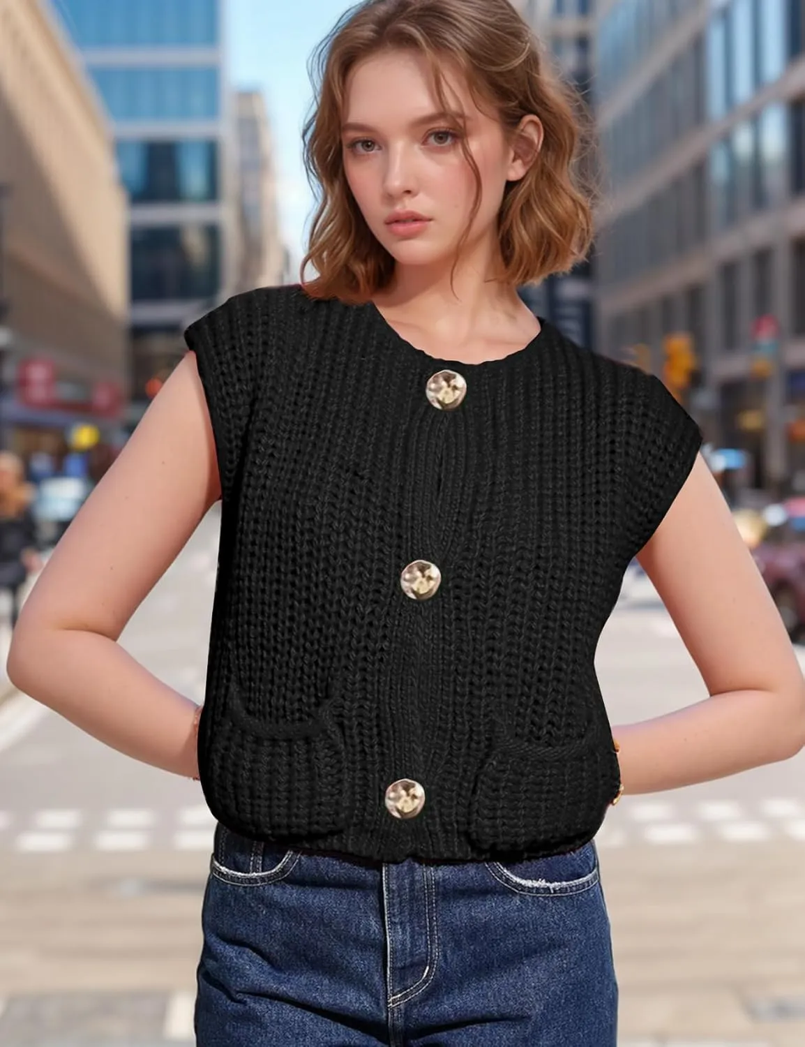 Wyeysyt Sweater Vest Women Sleeveless Crop Knit Cardigan Casual Button Down Cropped Knitted Sweater Vest with Pockets