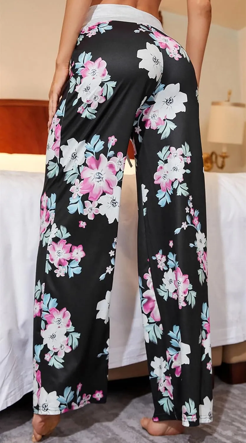 X-Image Women's Comfy Pajamas Drawstring Stretch Floral Print Long Wide Leg Lounge Pants