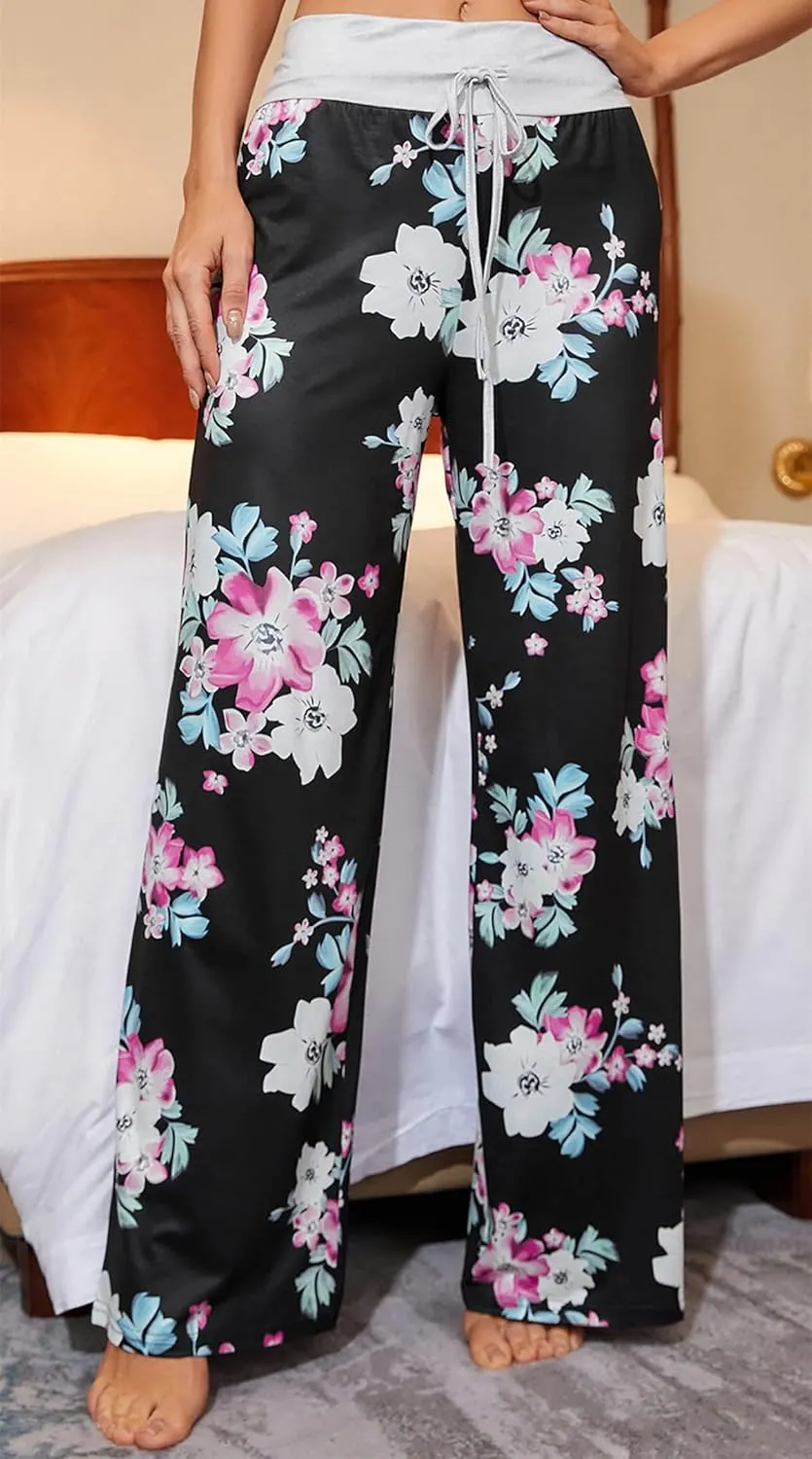 X-Image Women's Comfy Pajamas Drawstring Stretch Floral Print Long Wide Leg Lounge Pants