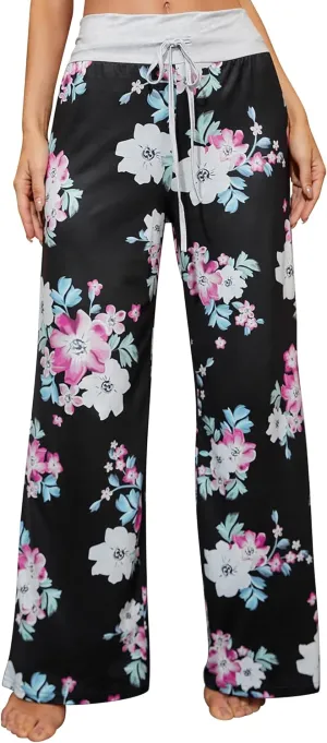 X-Image Women's Comfy Pajamas Drawstring Stretch Floral Print Long Wide Leg Lounge Pants