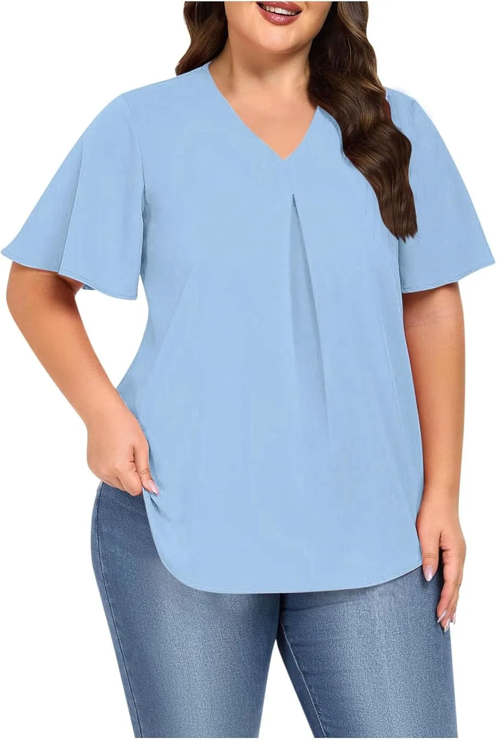 Xiaojmake Womens Plus Size Tunic Tops for Leggings Jeans Short Ruffle Sleeve V Neck Pleated Shirts Loose Fit Curved Blouses