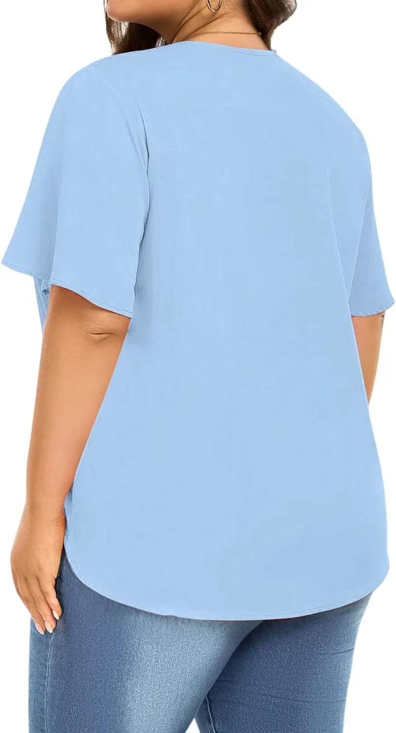 Xiaojmake Womens Plus Size Tunic Tops for Leggings Jeans Short Ruffle Sleeve V Neck Pleated Shirts Loose Fit Curved Blouses