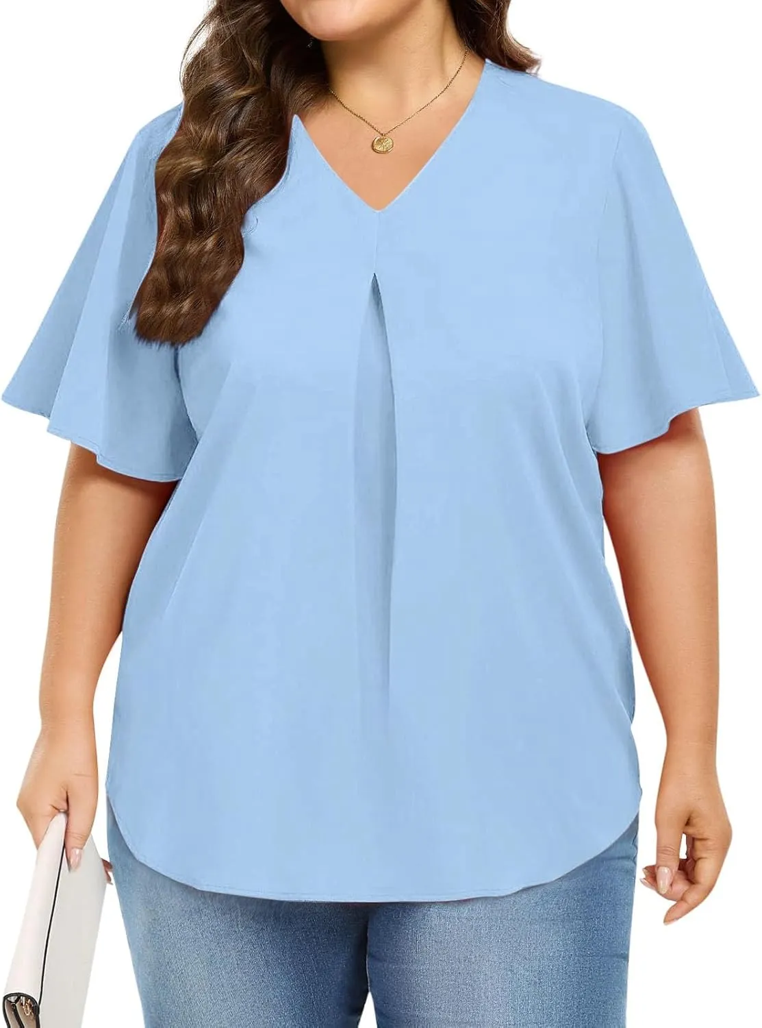 Xiaojmake Womens Plus Size Tunic Tops for Leggings Jeans Short Ruffle Sleeve V Neck Pleated Shirts Loose Fit Curved Blouses