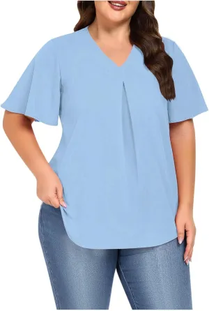 Xiaojmake Womens Plus Size Tunic Tops for Leggings Jeans Short Ruffle Sleeve V Neck Pleated Shirts Loose Fit Curved Blouses