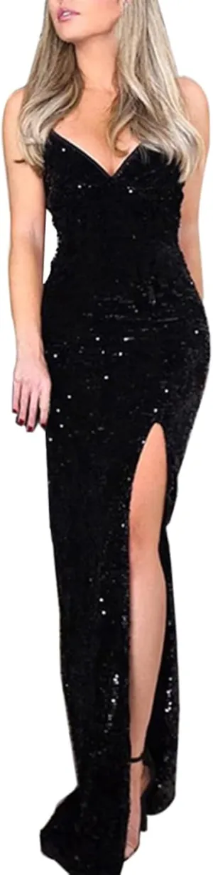 XUNRYAN Women Spaghetti Strap Sequin Dress Sexy Bodycon Camis Maxi Dresses High Slit Cocktail Evening Ball Gown Outfits