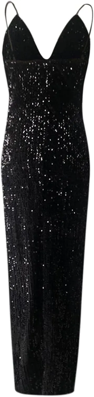 XUNRYAN Women Spaghetti Strap Sequin Dress Sexy Bodycon Camis Maxi Dresses High Slit Cocktail Evening Ball Gown Outfits