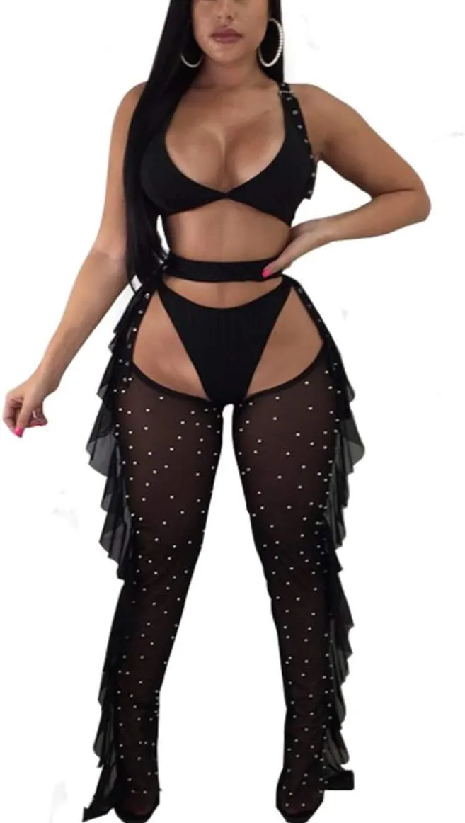 Yeshire Women's Sexy 2 Pieces Outfit See Through Crop Top and Pants Sets Mesh Cover Up Backless Jumpsuits Clubwear