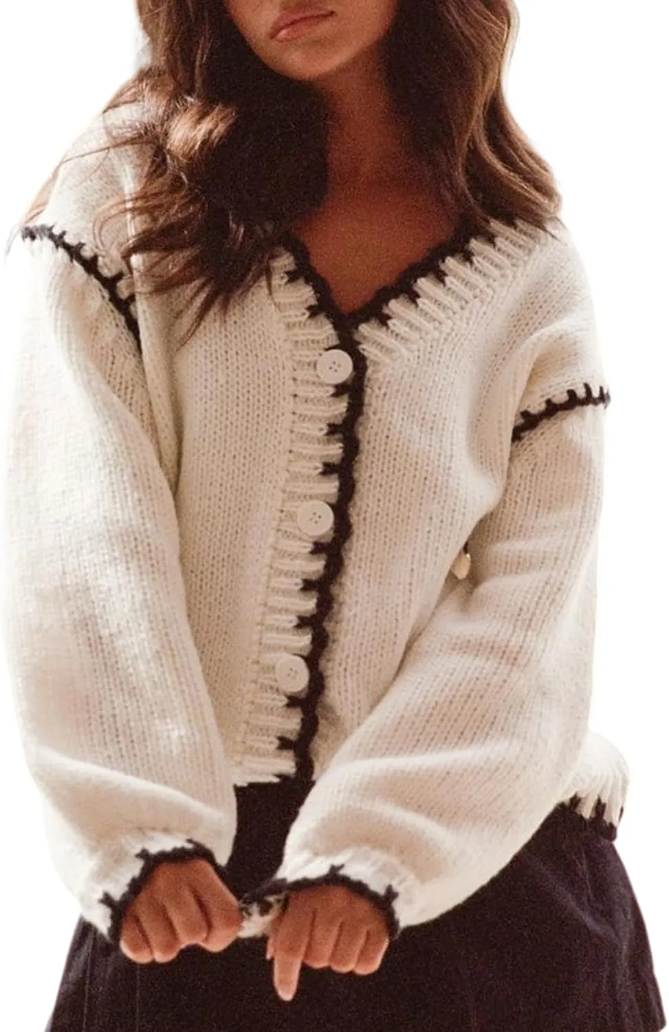 Yimoon Chunky Cardigan Sweater for Women Contrast Stitching V Neck Long Sleeve Button Down Loose Fall Knitted Sweater