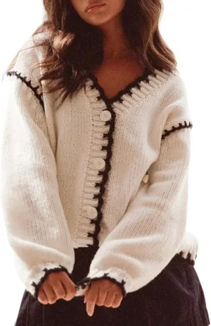 Yimoon Chunky Cardigan Sweater for Women Contrast Stitching V Neck Long Sleeve Button Down Loose Fall Knitted Sweater