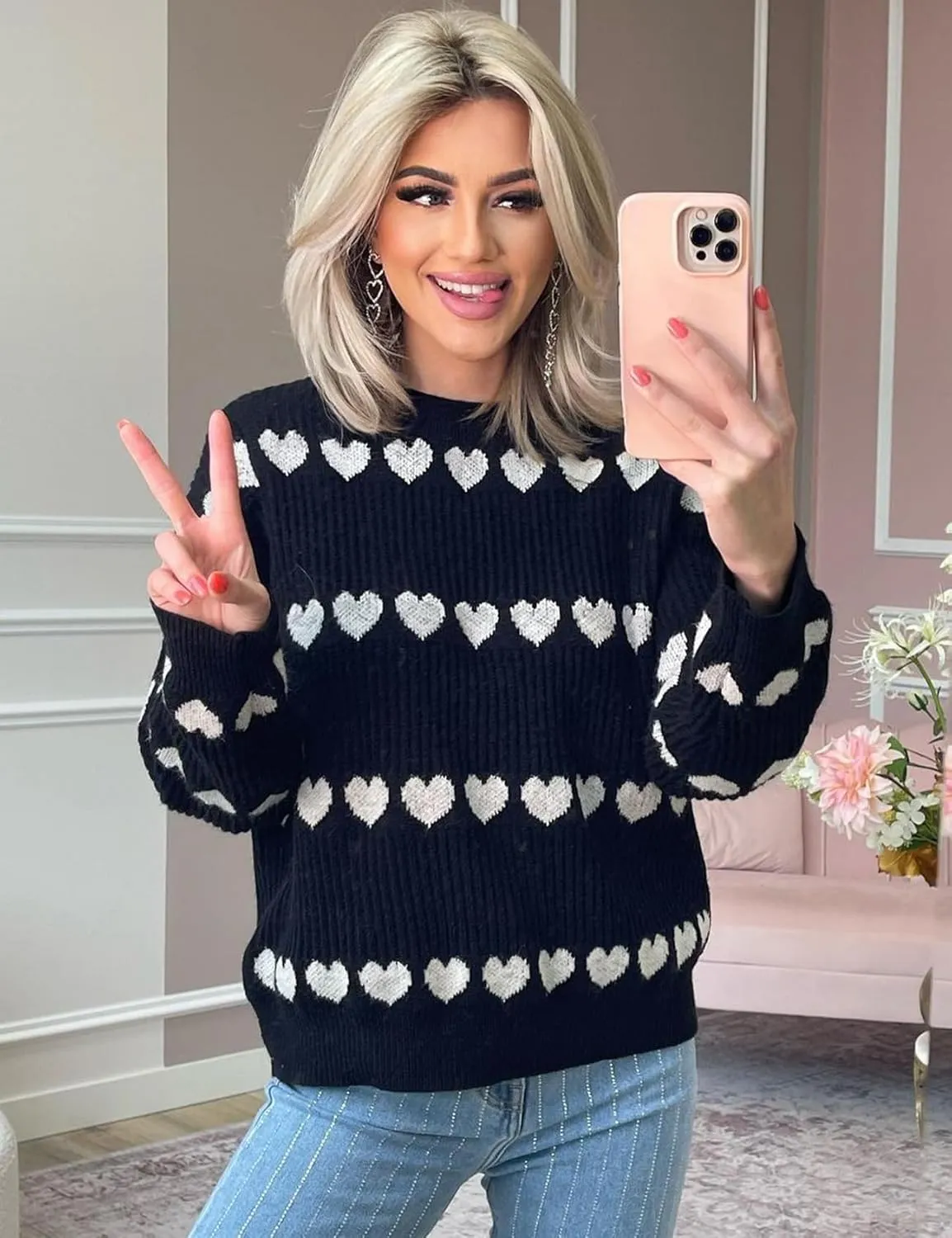 Yimoon Valentine Heart Sweater for Women Cute Long Sleeve Crewneck Chunky Knitted Pullover Sweaters