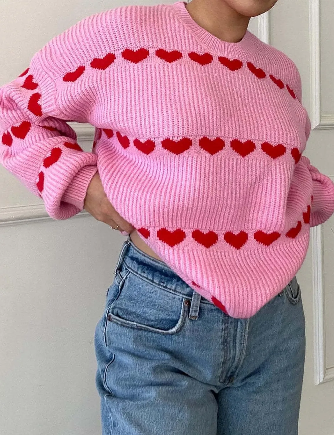 Yimoon Valentine Heart Sweater for Women Cute Long Sleeve Crewneck Chunky Knitted Pullover Sweaters