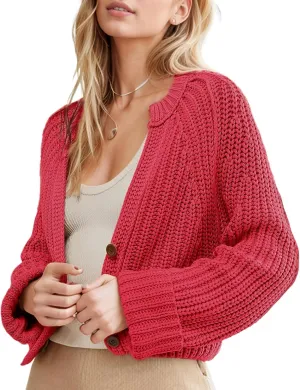 Yimoon Womens Crop Cardigan Sweater Chunky Crewneck Open Font Button Down Cropped Knitted Sweater 2024 Fall