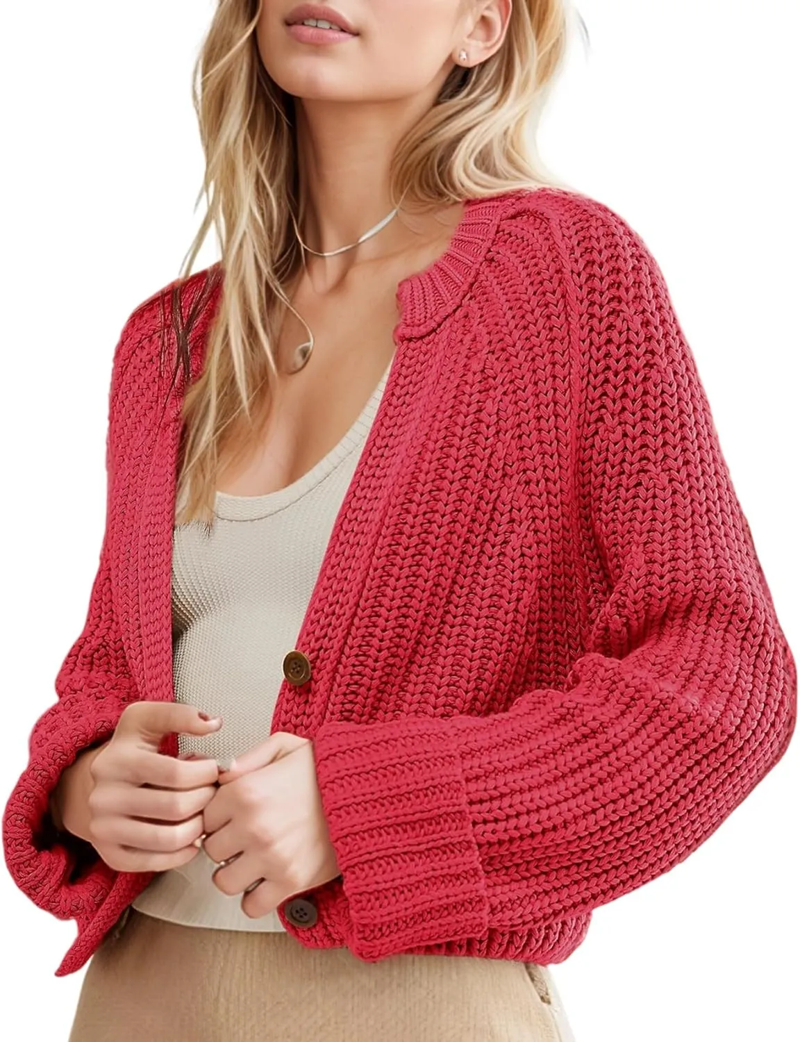 Yimoon Womens Crop Cardigan Sweater Chunky Crewneck Open Font Button Down Cropped Knitted Sweater 2024 Fall