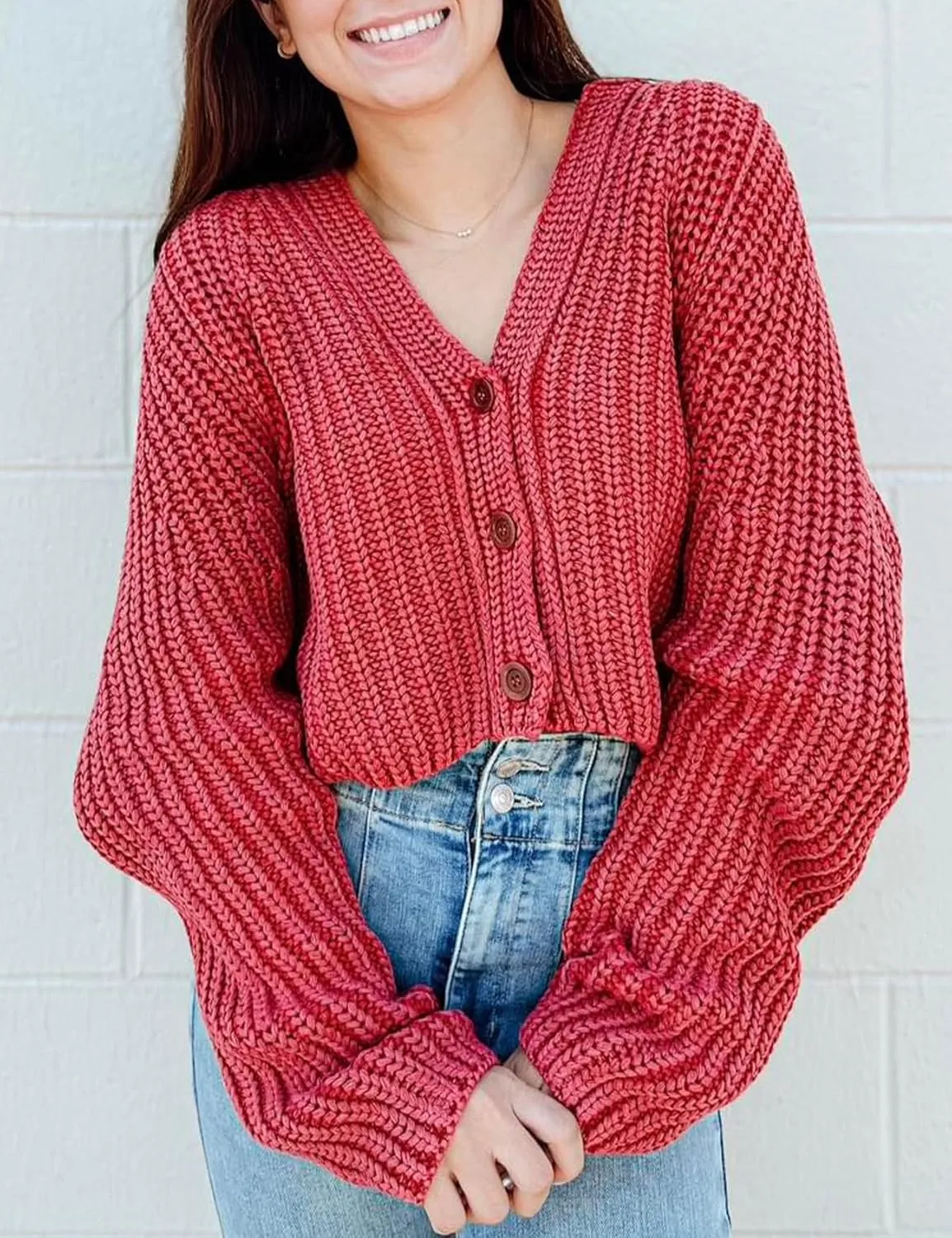 Yimoon Womens Crop Cardigan Sweater Chunky Crewneck Open Font Button Down Cropped Knitted Sweater 2024 Fall