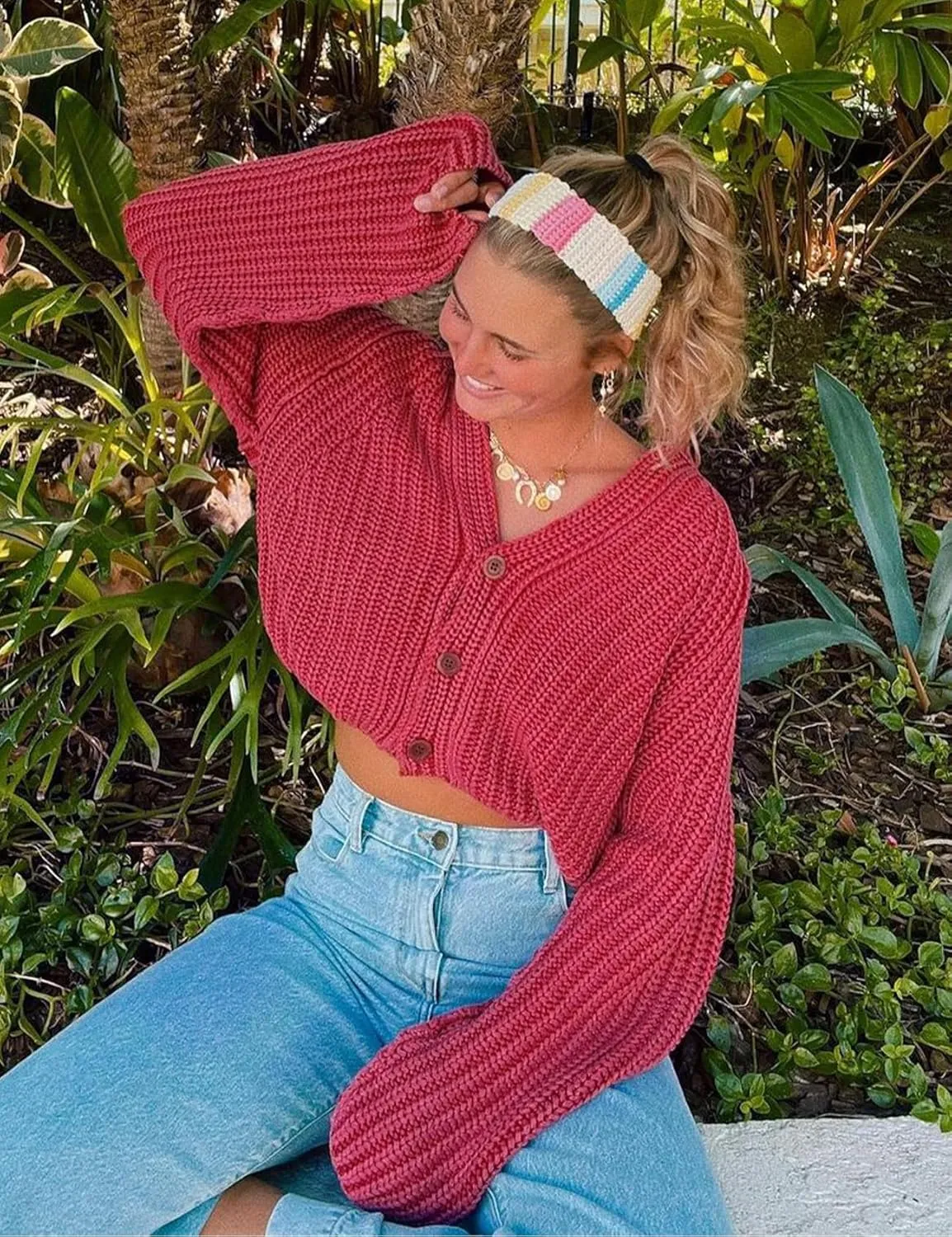 Yimoon Womens Crop Cardigan Sweater Chunky Crewneck Open Font Button Down Cropped Knitted Sweater 2024 Fall