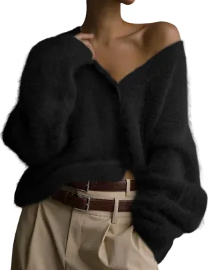 Yimoon Womens Fuzzy Cardigan Sweater V Neck Long Sleeve Button Down Slouchy Furry Knit Sweaters 2024