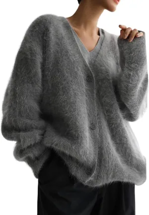 Yimoon Womens Fuzzy Cardigan Sweater V Neck Long Sleeve Button Down Slouchy Furry Knit Sweaters 2024