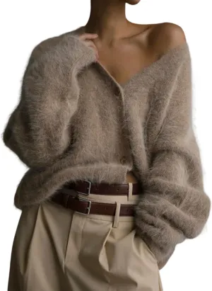 Yimoon Womens Fuzzy Cardigan Sweater V Neck Long Sleeve Button Down Slouchy Furry Knit Sweaters 2024