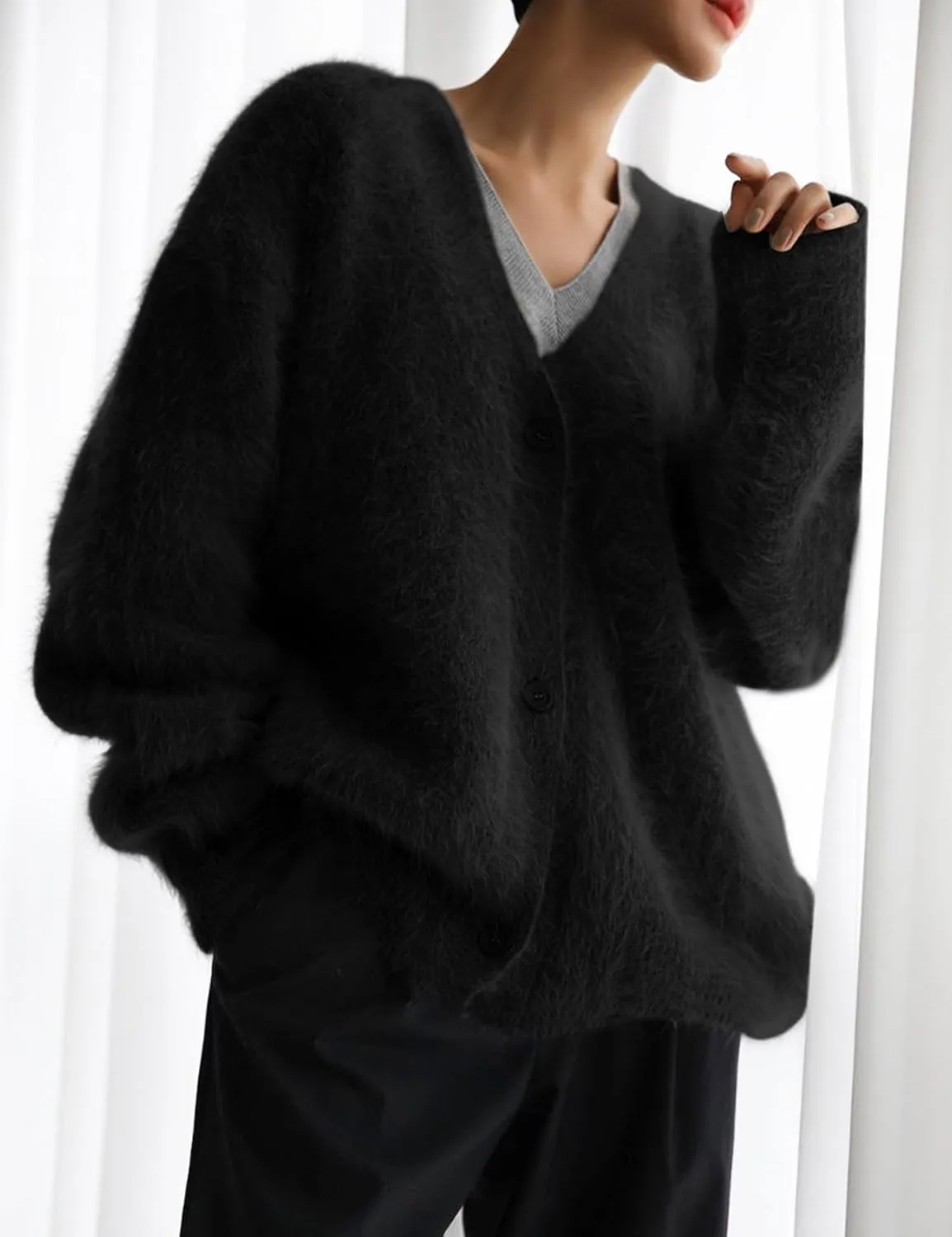 Yimoon Womens Fuzzy Cardigan Sweater V Neck Long Sleeve Button Down Slouchy Furry Knit Sweaters 2024