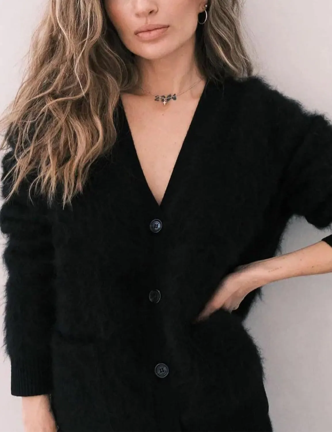 Yimoon Womens Fuzzy Cardigan Sweater V Neck Long Sleeve Button Down Slouchy Furry Knit Sweaters 2024