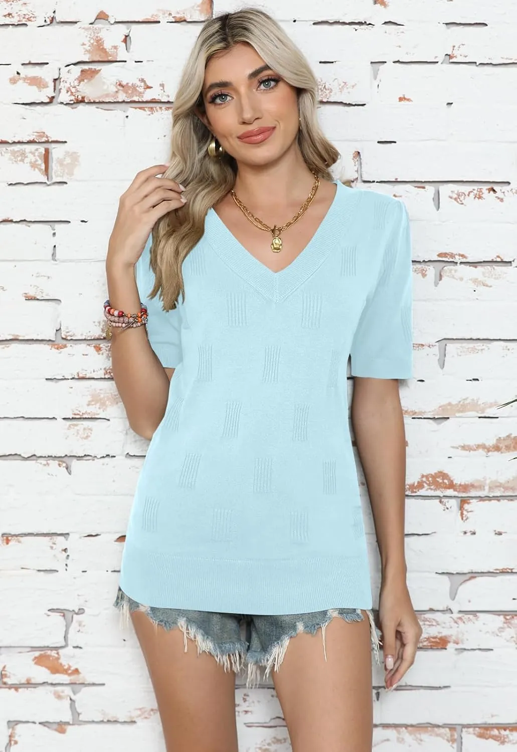 Yincro Womens Short Sleeve Sweaters Fall Summer Tops V Neck Lightweight Knit Pullovers