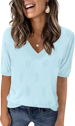 Yincro Womens Short Sleeve Sweaters Fall Summer Tops V Neck Lightweight Knit Pullovers