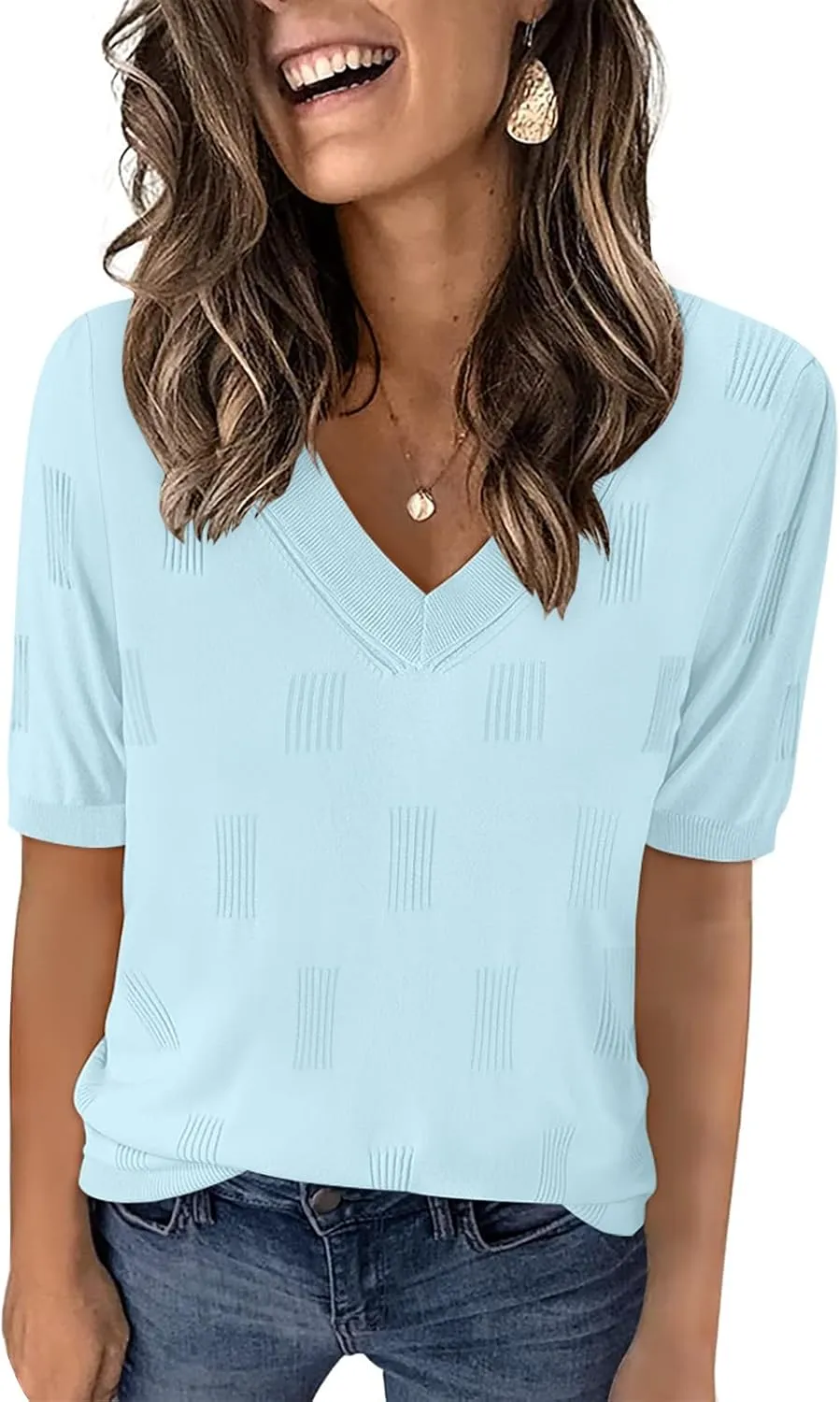 Yincro Womens Short Sleeve Sweaters Fall Summer Tops V Neck Lightweight Knit Pullovers