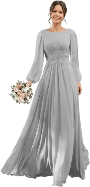 YOFF Scoop Neck Long Sleeve Bridesmaid Dress with Pockets Long A-Line Chiffon Formal Party Dresses with Slit YO148