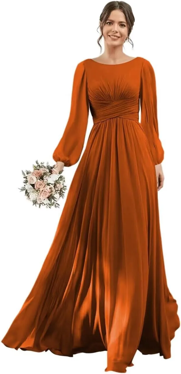 YOFF Scoop Neck Long Sleeve Bridesmaid Dress with Pockets Long A-Line Chiffon Formal Party Dresses with Slit YO148