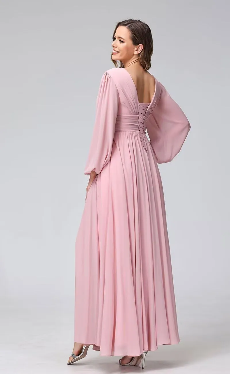 YOFF Scoop Neck Long Sleeve Bridesmaid Dress with Pockets Long A-Line Chiffon Formal Party Dresses with Slit YO148