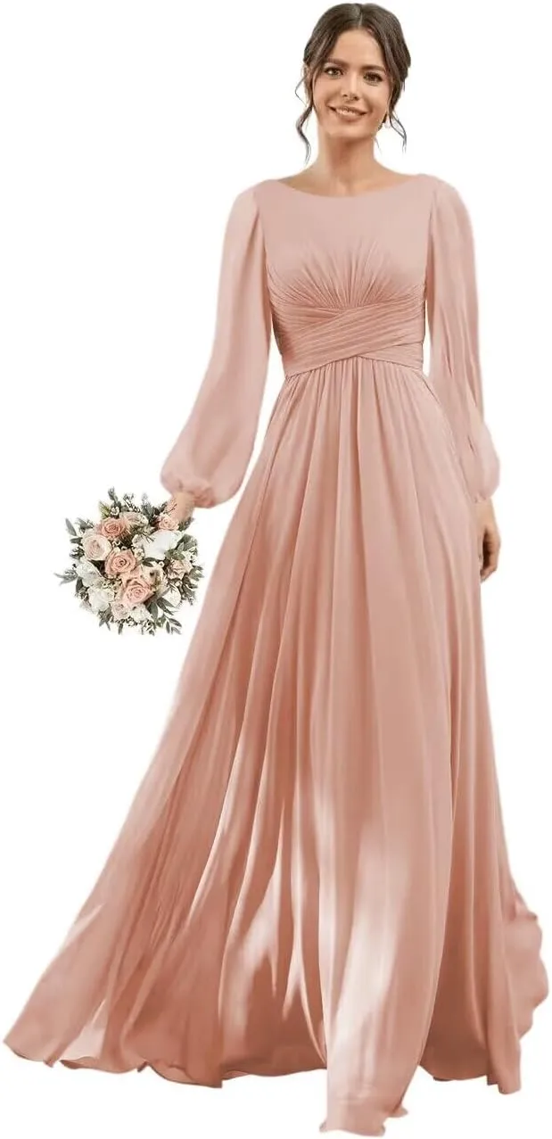 YOFF Scoop Neck Long Sleeve Bridesmaid Dress with Pockets Long A-Line Chiffon Formal Party Dresses with Slit YO148