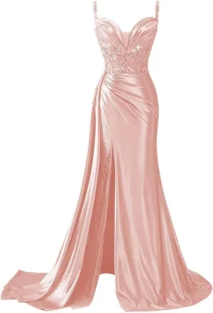 YOFF V Neck Satin Prom Dresses Long Sequin Mermaid Lace Evening Gown with Slit Formal Dress with Tail YO199