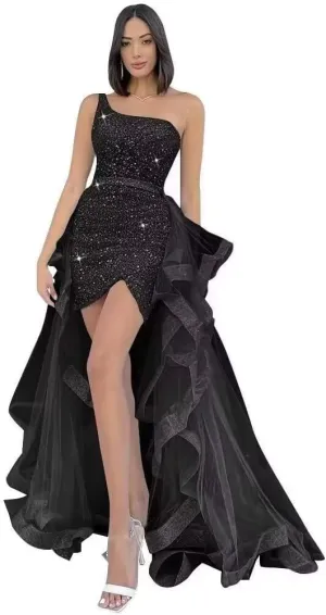 YUAOHUANG One Shoulder Sequin Prom Dresses Sparkly Tight Formal Evening Dress with Ruffles Long Tulle Detachable Train