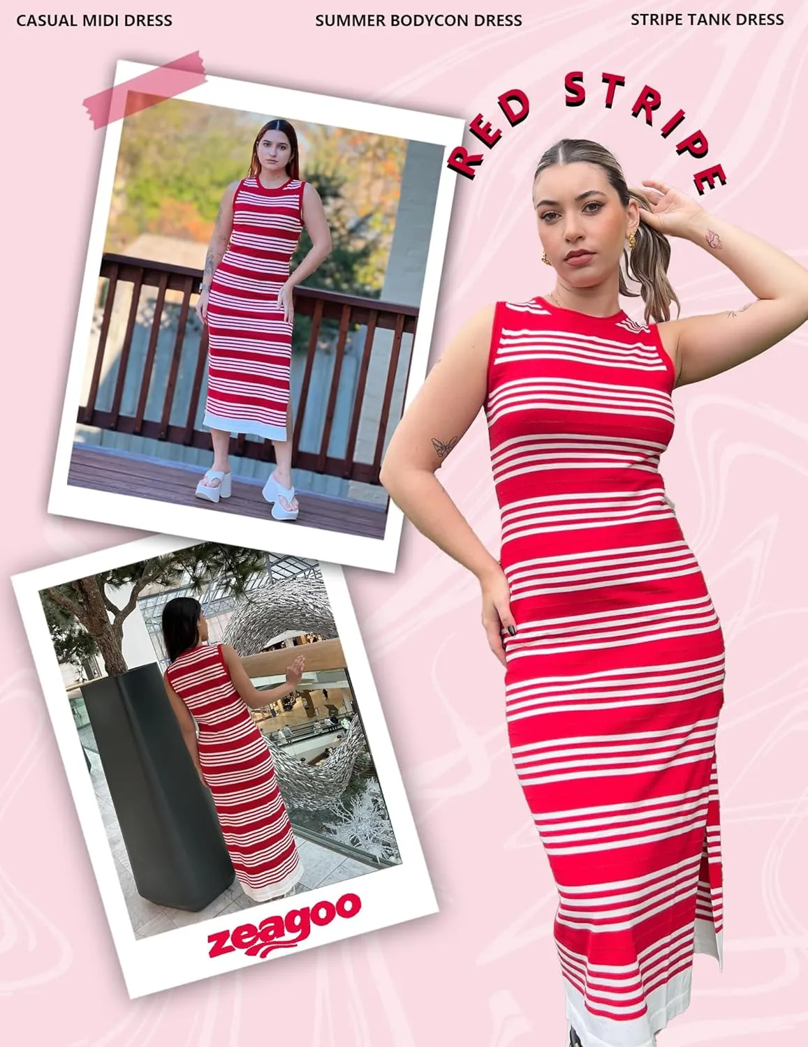 Zeagoo Womens Bodycon Midi Dresses Summer Casual Sleeveless Dress Women Knit Side Slit Striped 2025 Long Tank Dress