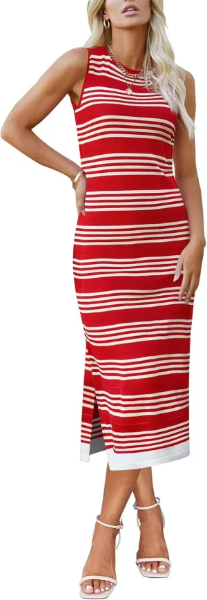 Zeagoo Womens Bodycon Midi Dresses Summer Casual Sleeveless Dress Women Knit Side Slit Striped 2025 Long Tank Dress