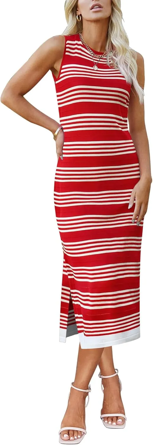 Zeagoo Womens Bodycon Midi Dresses Summer Casual Sleeveless Dress Women Knit Side Slit Striped 2025 Long Tank Dress