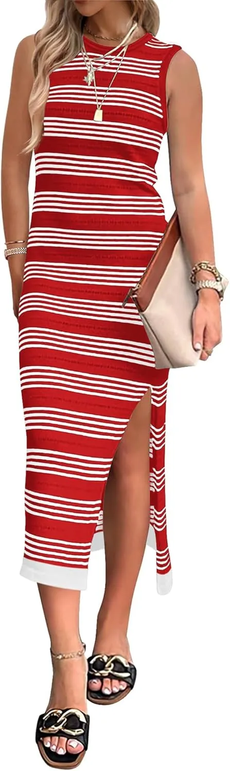 Zeagoo Womens Bodycon Midi Dresses Summer Casual Sleeveless Dress Women Knit Side Slit Striped 2025 Long Tank Dress