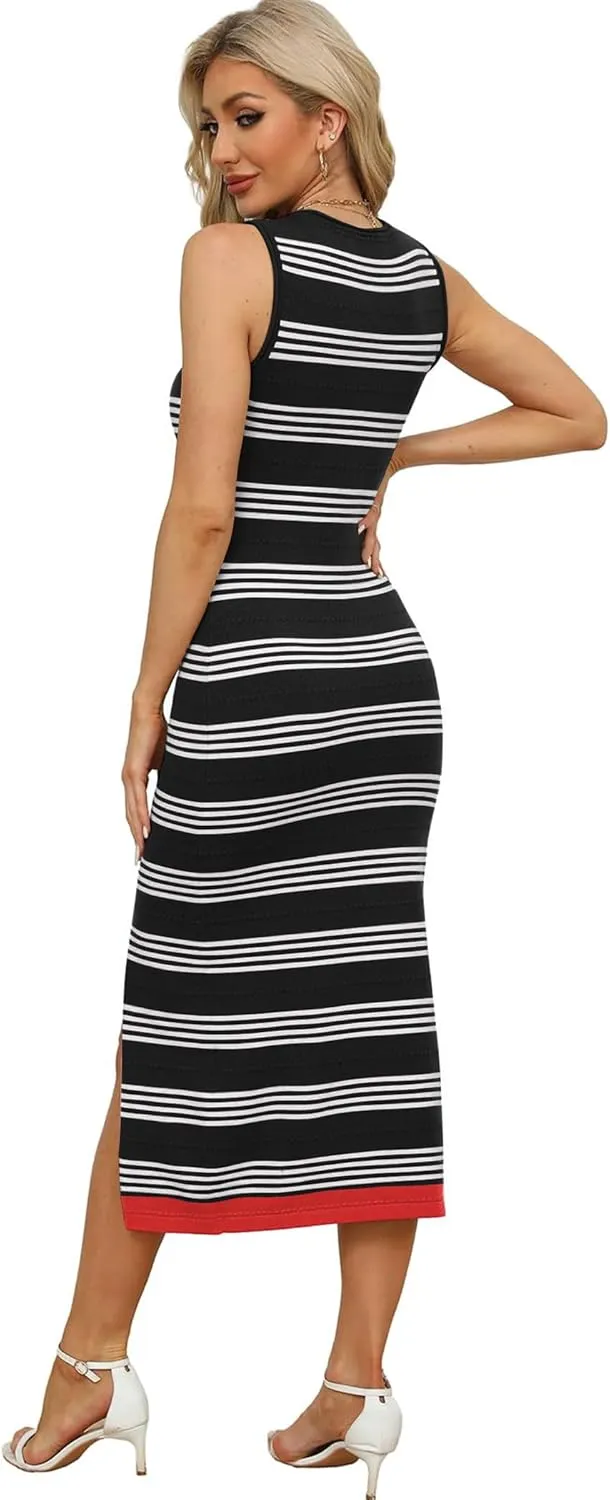 Zeagoo Womens Bodycon Midi Dresses Summer Casual Sleeveless Dress Women Knit Side Slit Striped 2025 Long Tank Dress